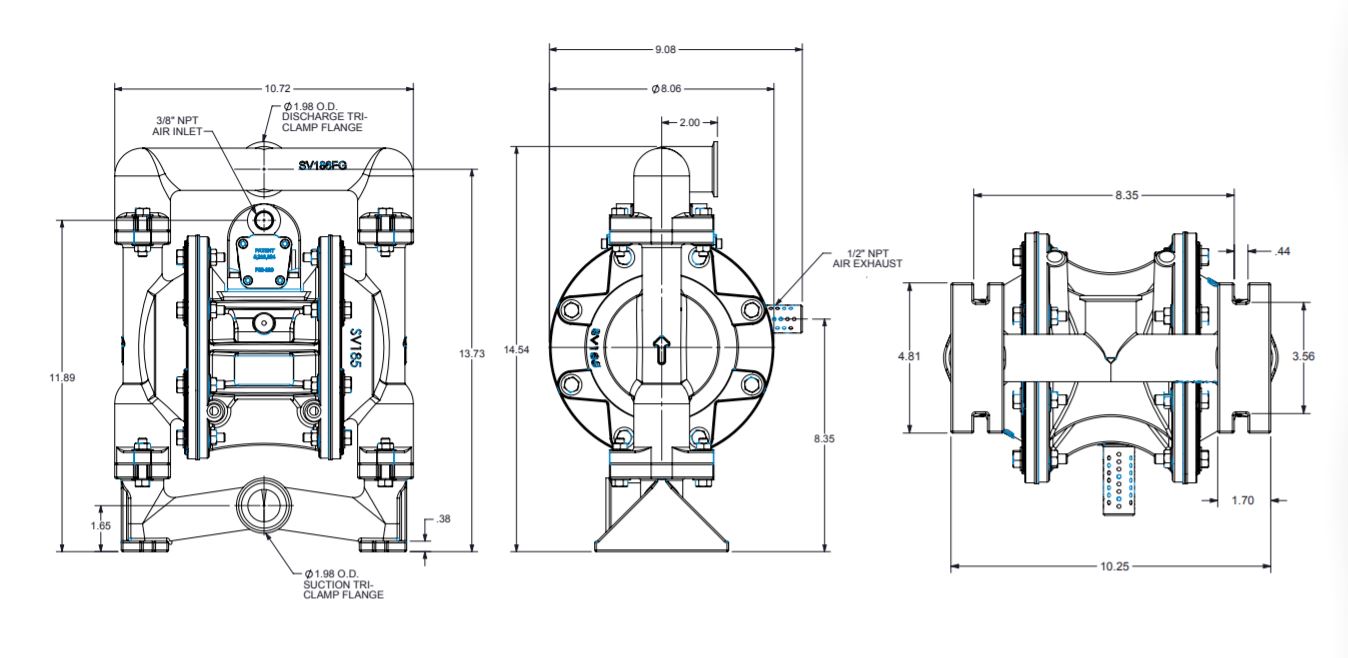 Versamatic 1 Inch Bolted Metal with Metal Center Section Food Processing Pump Dimension Drawing. JPG 