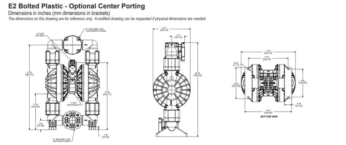 Versamatic 2 inch Bolted Plastic Air Operated Double Diaphragm Pump with Optional Center Porting Dimension Drawing .JPG