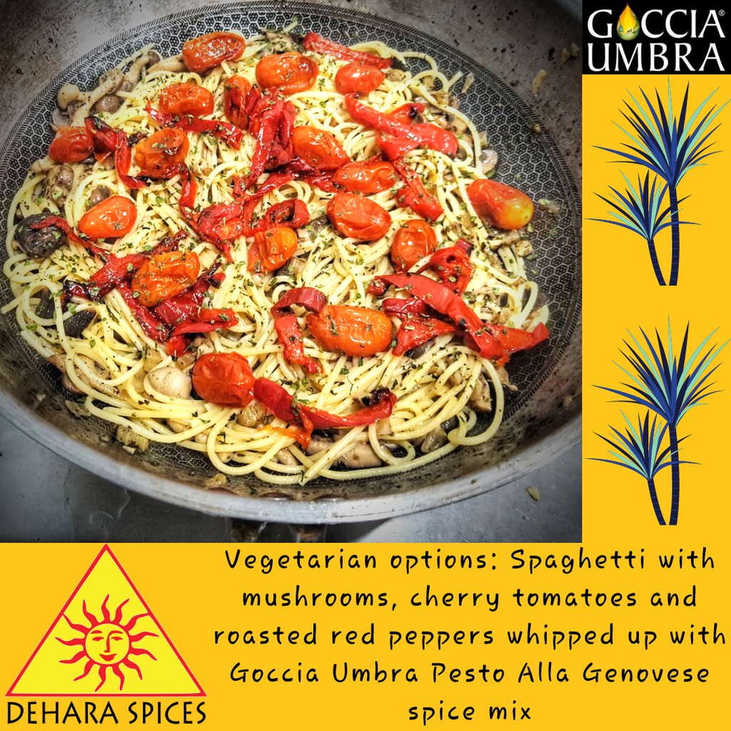 Vegetarian Pesto with mushrooms, cherry tomatoes and roasted red capsicum (serves 4)