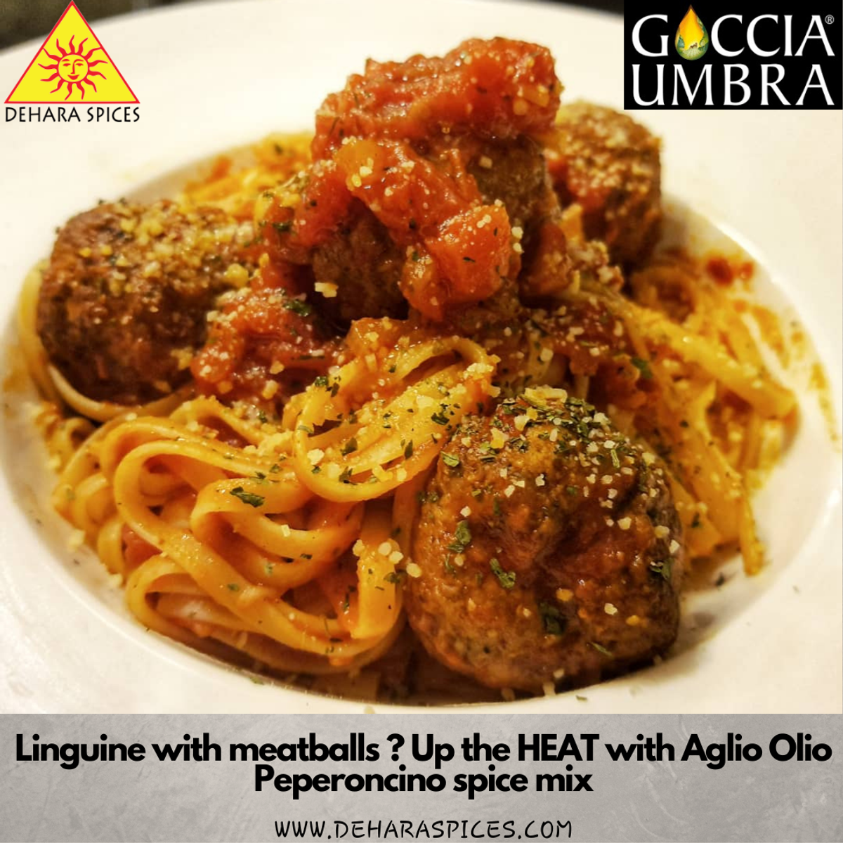 Linguine with meatballs in a spicy tomato sauce with Aglio Olio Spice Mix (serves 4)