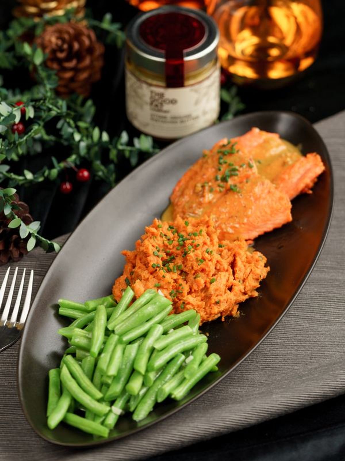 Salmon with Brown Butter Pistachio Sauce and Hazelnut Sweet Potato Mash