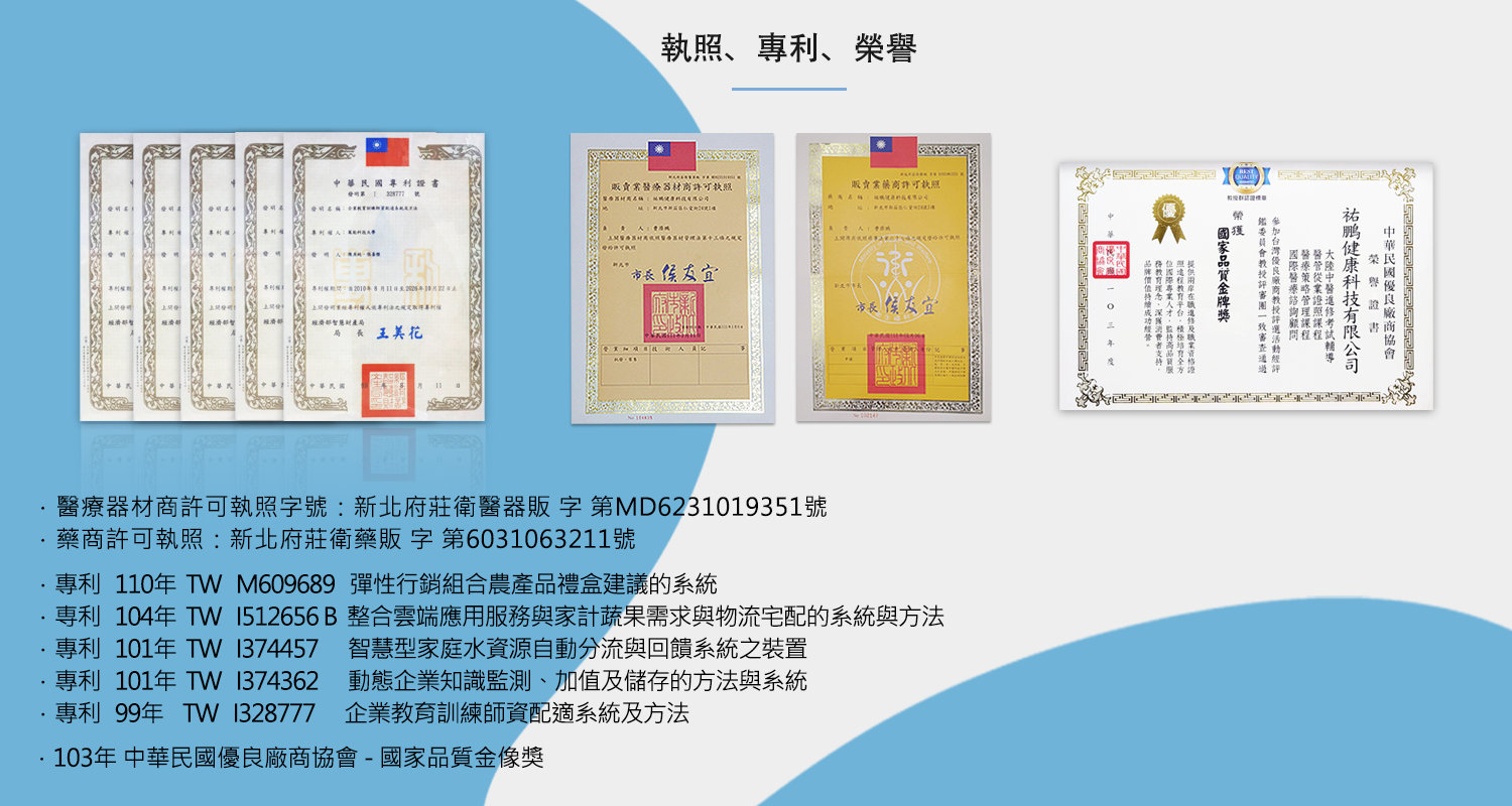 執照,專利,榮譽--醫療器材商許可執照,藥商許可執照,中華民國優良廠商協會-國家品質金像獎