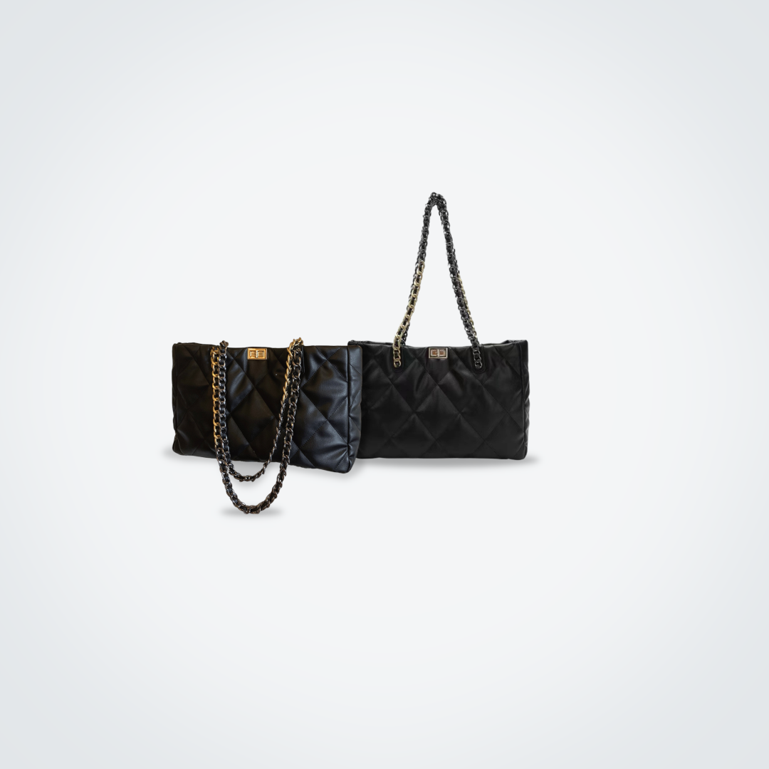 Fashion bag - quilted diamond lattice detailed chain shoulder bag (black)