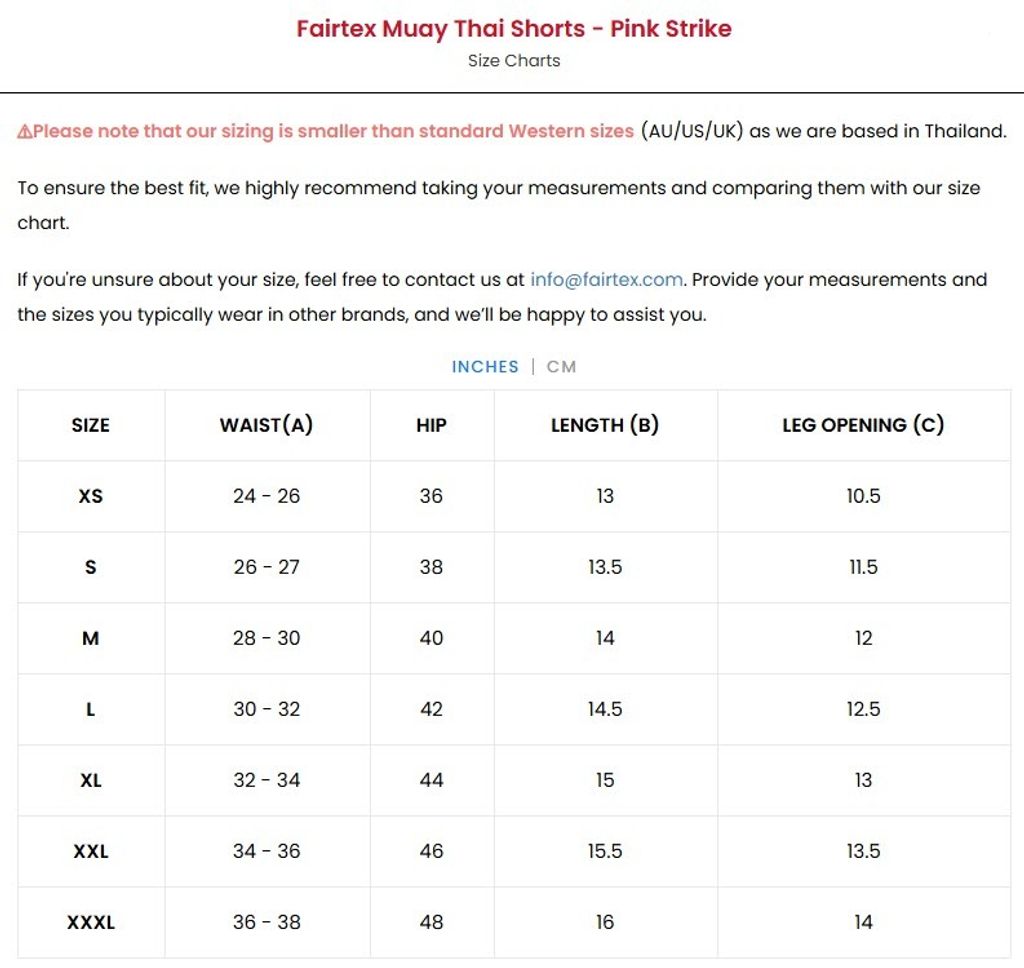 Size Chart Pink Strike