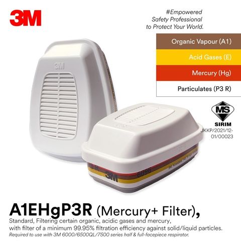 3M 6096 Mercury Organic Vapor & Acid Gases A1EHgP3R Cartridge (3)