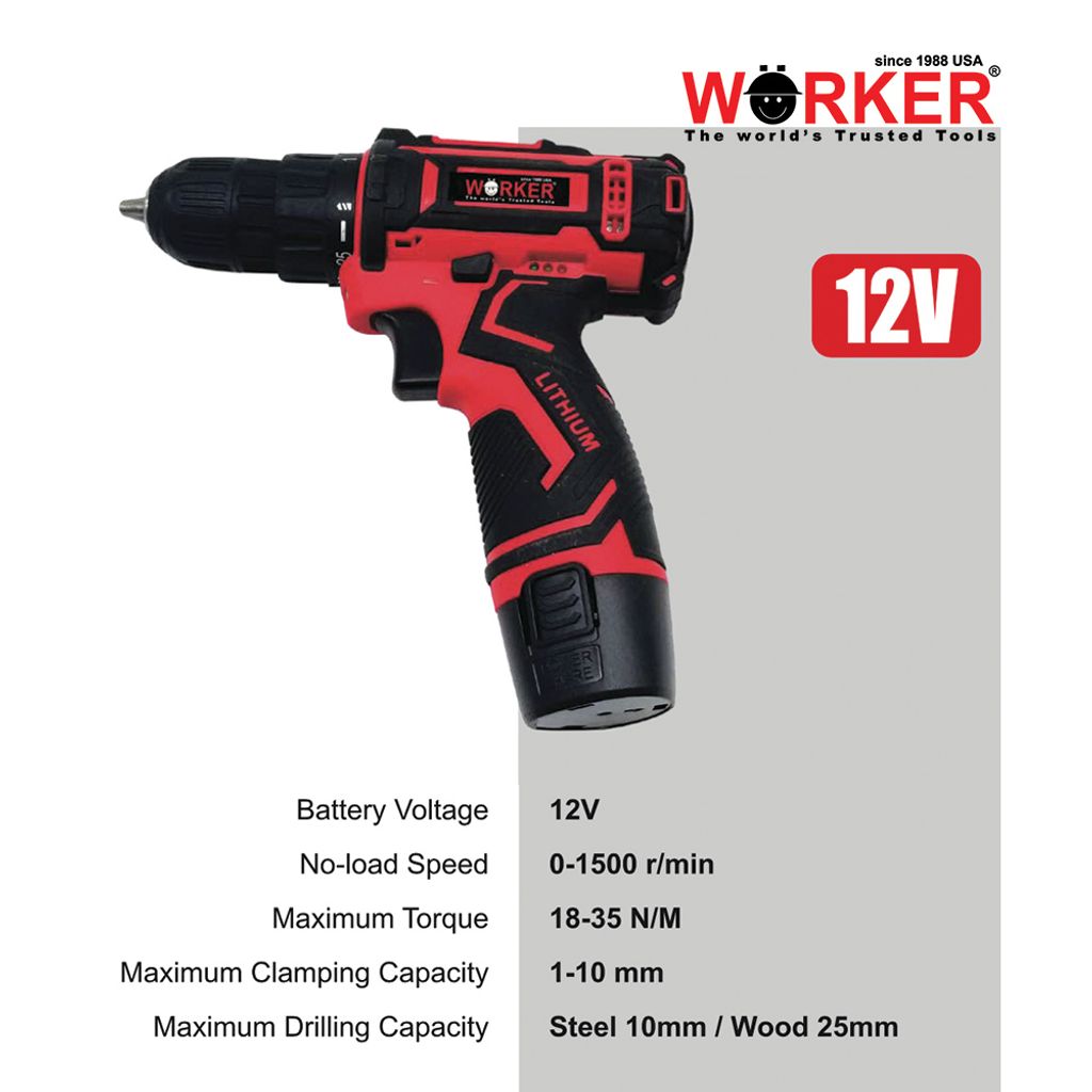 WORKER 12v Cordless Drill Set Red