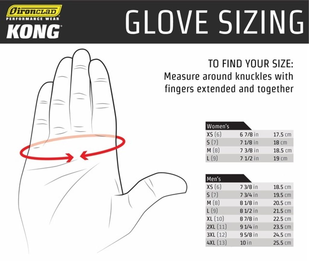 Kong Impact Glove Ringers Slip Resistant size chart