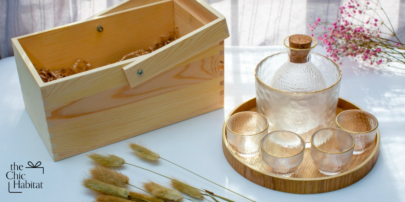 The Chic Habitat | Japanese Gold Rim Sake Glass Set with Bamboo Tray