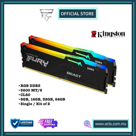 KINGSTON FURY BEAST RGB 5600MT/S DDR5 8GB/16GB/32GB/64GB (SINGLE/KIT OF 2) CL40 RAM