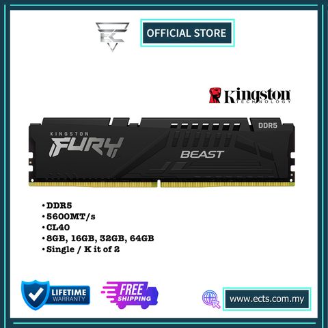 KINGSTON FURY BEAST 5600MT/s DDR5 8GB/16GB/32GB/64GB (SINGLE/KIT OF 2) CL40 RAM BLACK