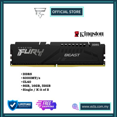 KINGSTON FURY BEAST 6000MT/s DDR5 8GB/16GB/32GB (SINGLE/KIT OF 2) CL40 RAM BLACK