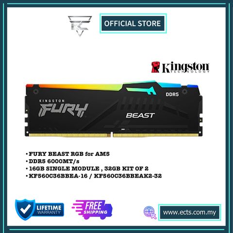 KINGSTON FURY BEAST RGB FOR AM5 6000MT/s DDR5 16GB/32GB/64GB SINGLE/KIT OF 2 CL36 RAM EXPO