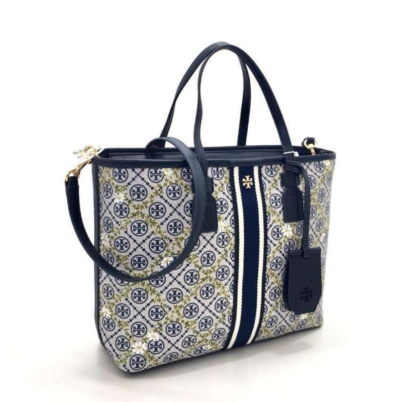 NWT TORY BURCH T MONOGRAM CANVAS FLORAL VINE TOP ZIP TOTE 82593