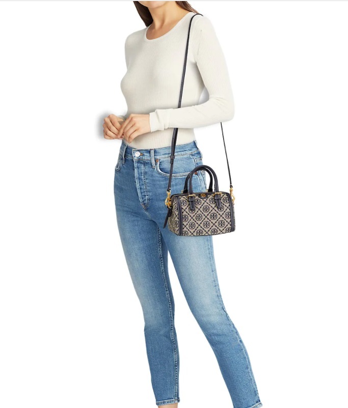 Tory Burch T monogram Embroidered Jacquard Barrel Bag