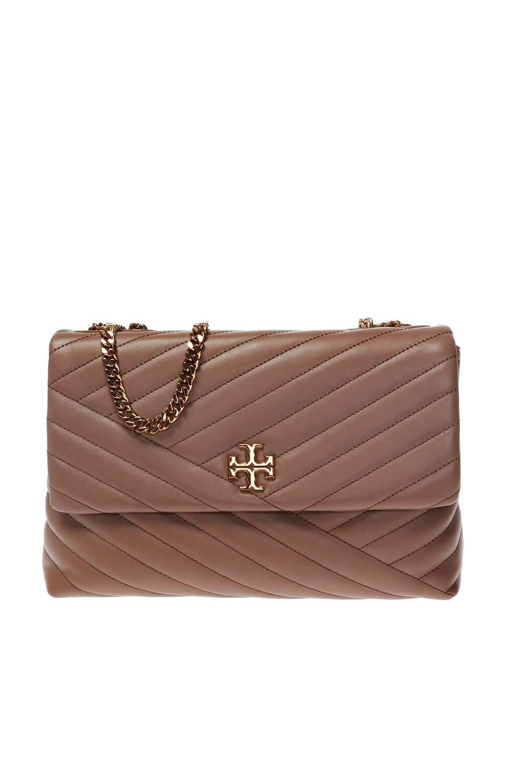 Tory Burch Kira Chevron Quilted Devon Sand Leather Chain Wallet in Natural
