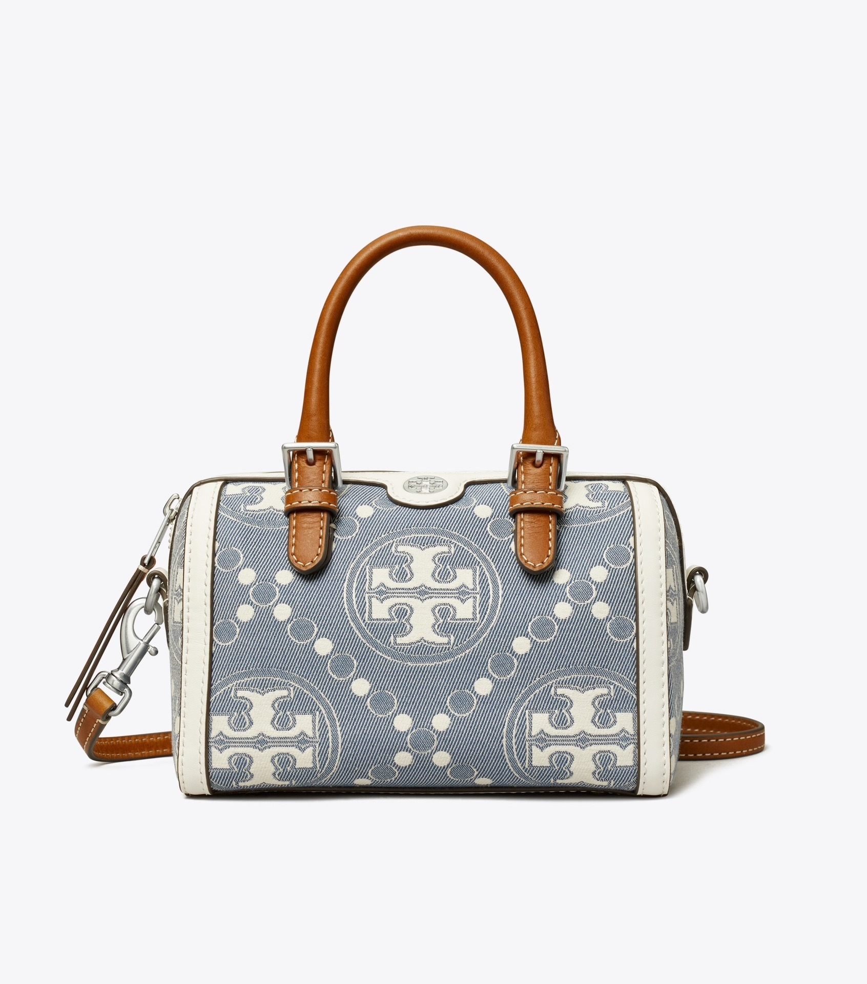 Tory Burch Petite T Monogram Denim Barrel Bag in White