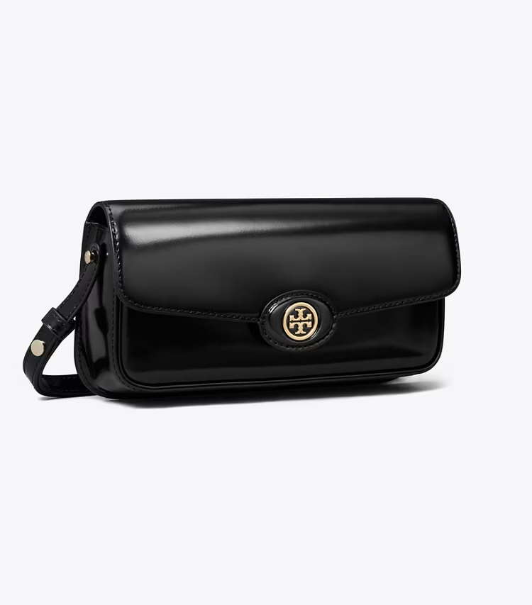 Tory Burch designer shoulder bags Robinson Spazzolato Rectangular Shoulder Bag in Black angle