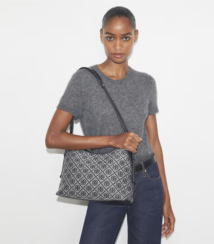 Tory Burch designer shoulder bags T Monogram Messenger in Tory Navy accessory on model