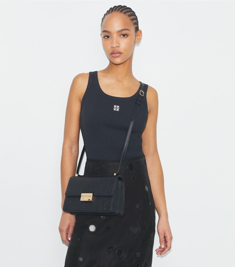 Tory Burch designer shoulder bags T Monogram Pebbled Shoulder Bag in Black additional on model