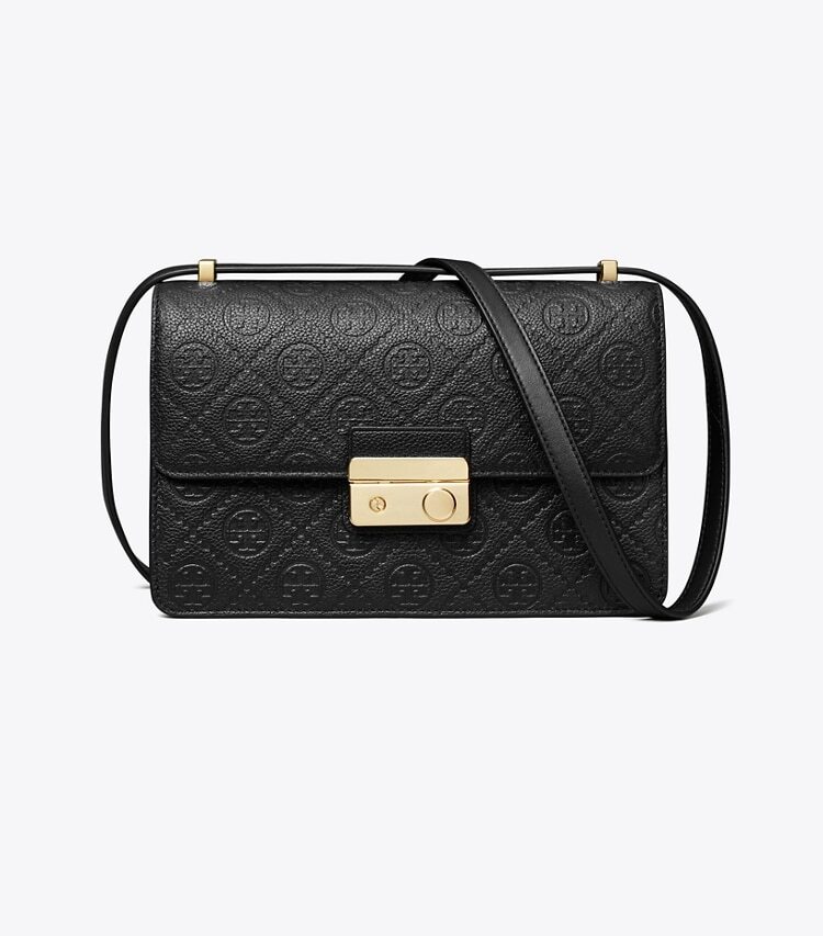Tory Burch designer shoulder bags T Monogram Pebbled Shoulder Bag in Black front