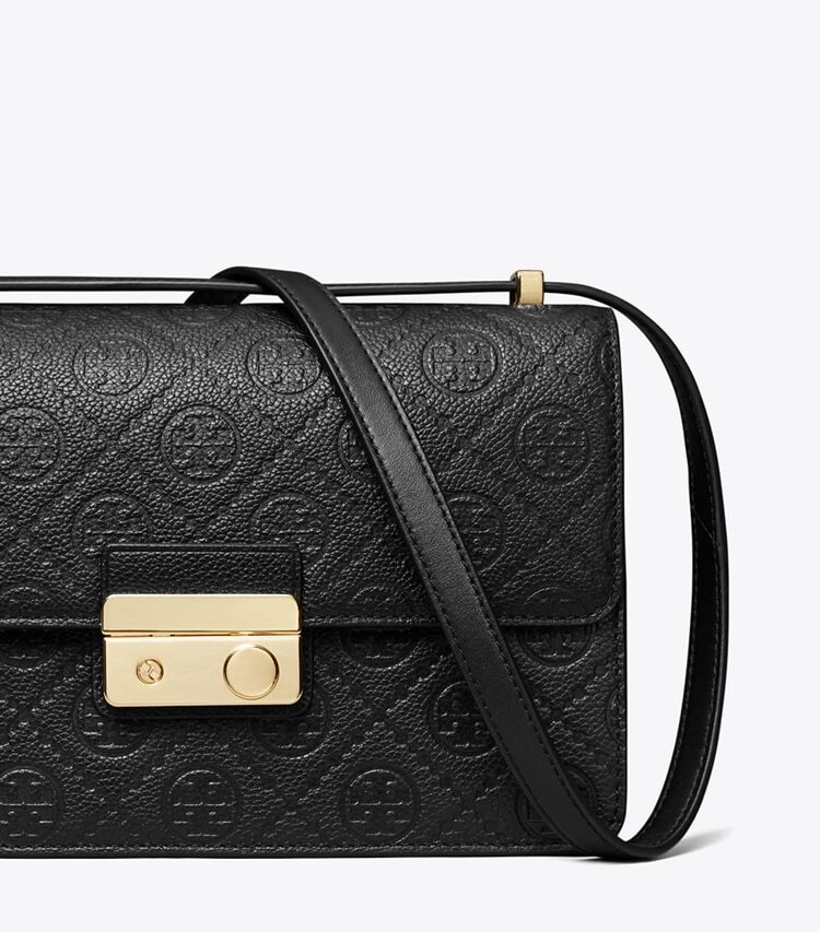 Tory Burch designer shoulder bags T Monogram Pebbled Shoulder Bag in Black detail