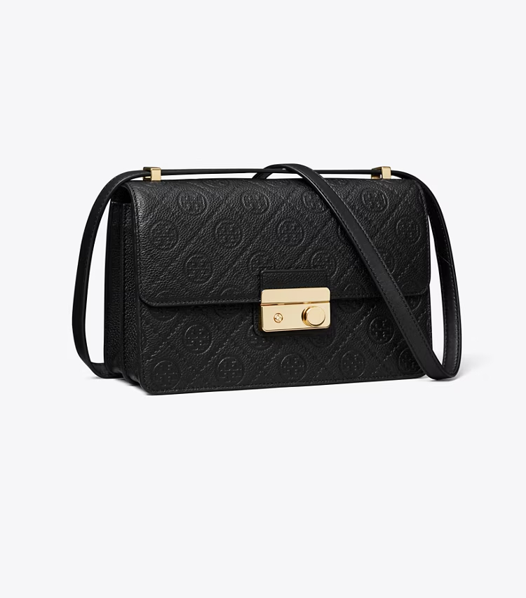 Tory Burch designer shoulder bags T Monogram Pebbled Shoulder Bag in Black angle