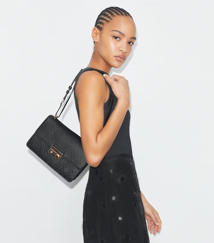 Tory Burch designer shoulder bags T Monogram Pebbled Shoulder Bag in Black accessory on model