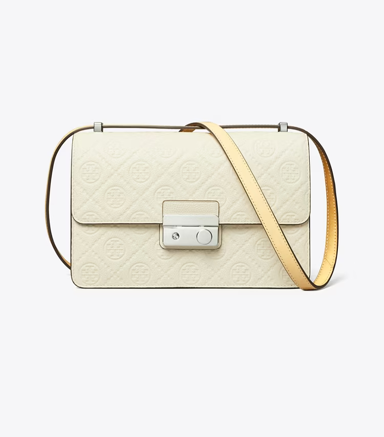 Tory Burch designer shoulder bags T Monogram Pebble Shoulder Bag in Warm White front