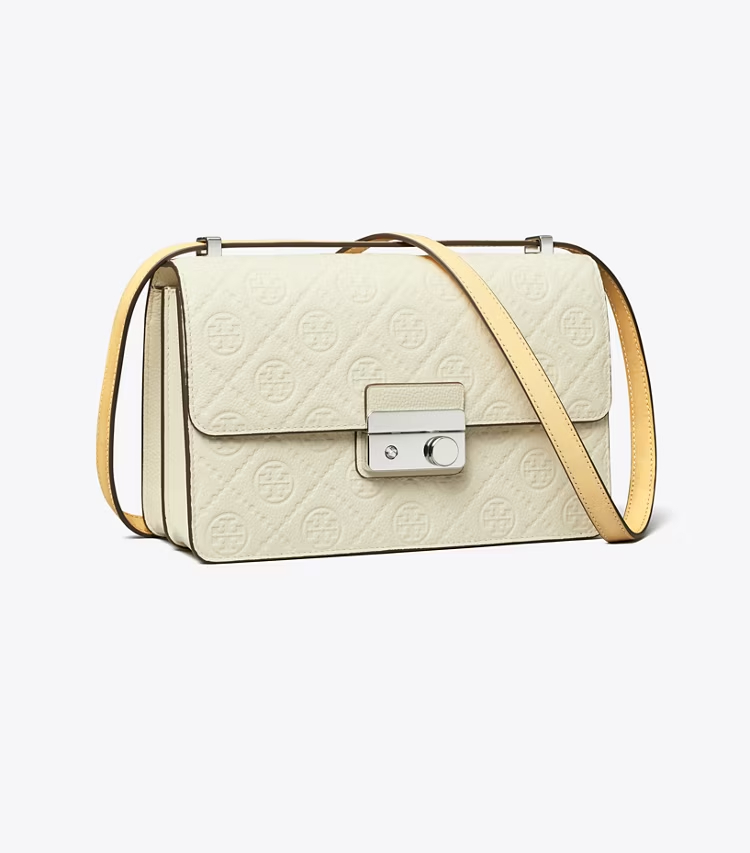 Tory Burch designer shoulder bags T Monogram Pebble Shoulder Bag in Warm White angle