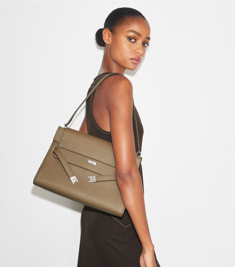 Tory Burch designer shoulder bags Large Lee Radziwill Shoulder Bag in Wild Mushroom accessory on model