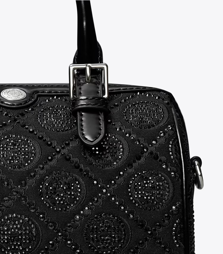 Tory Burch designer crossbody bags T Monogram Embellished Petite Barrel Bag in Black detail