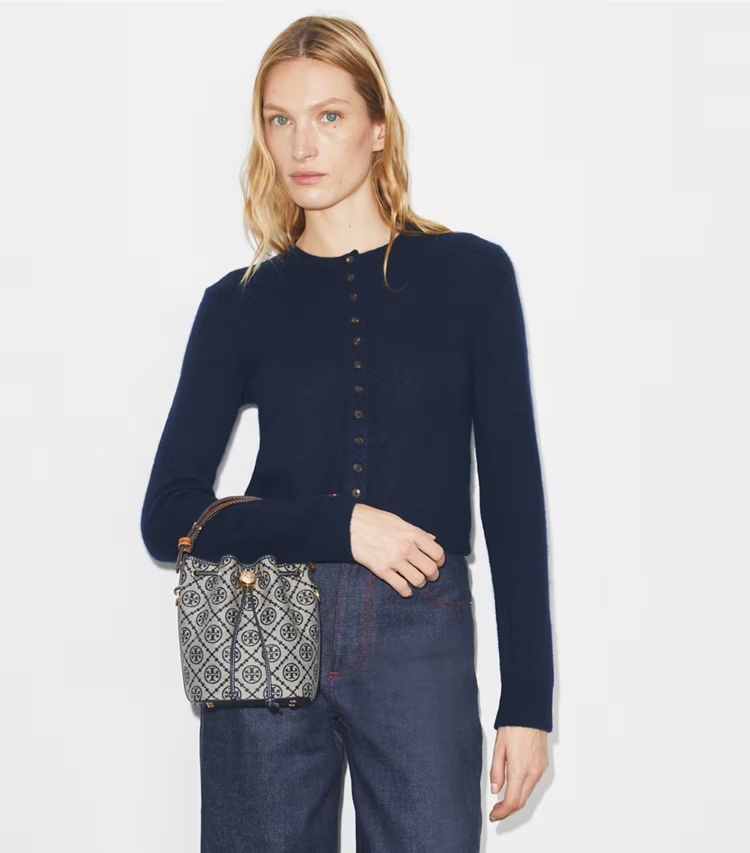 Tory Burch designer crossbody bags T Monogram Mini Bucket Bag in Tory Navy additional on model