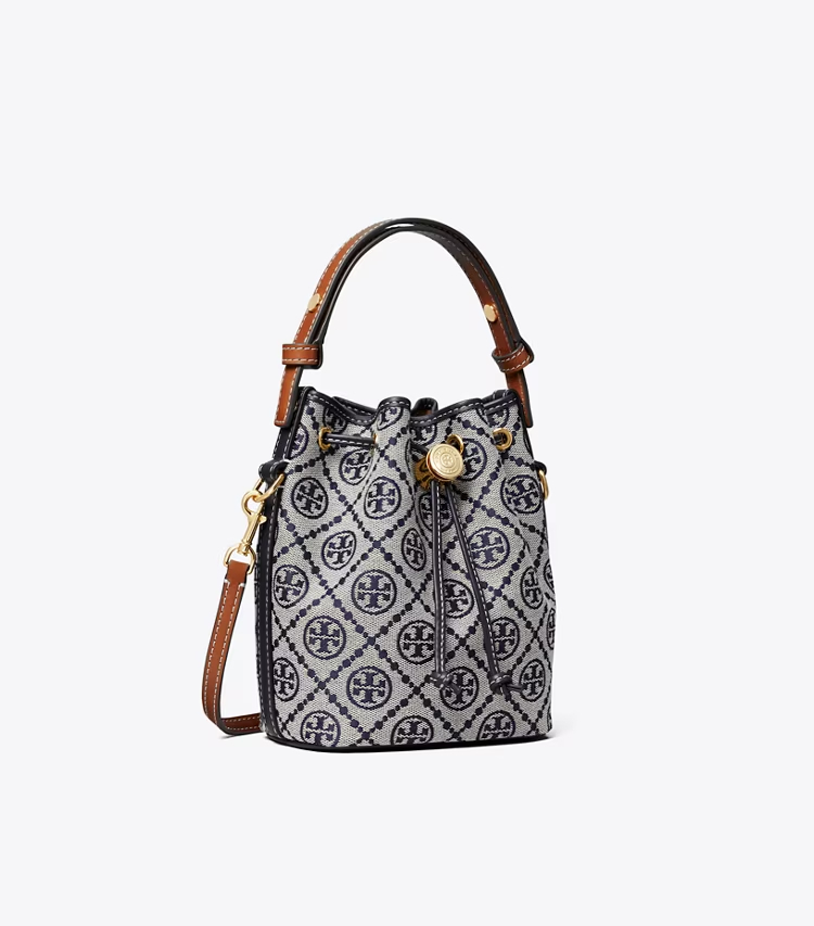 Tory Burch designer crossbody bags T Monogram Mini Bucket Bag in Tory Navy angle