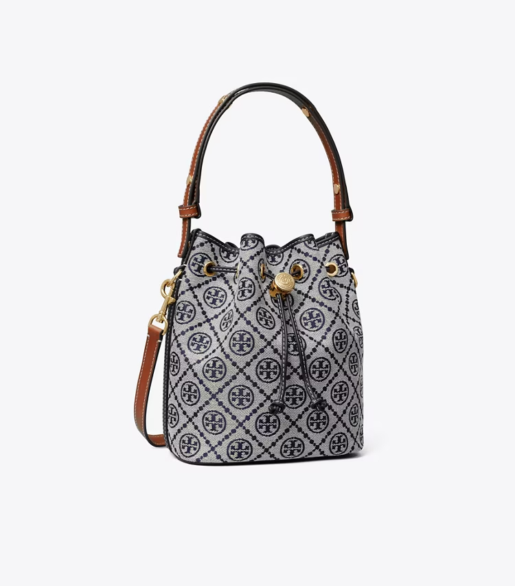 Tory Burch designer crossbody bags T Monogram Bucket Bag in Tory Navy angle