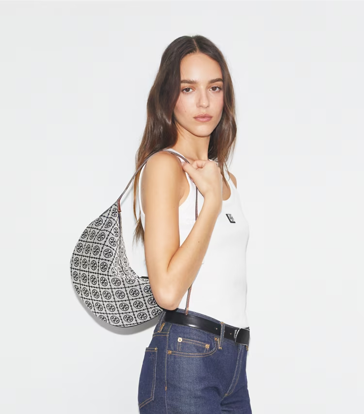 Tory Burch designer shoulder bags T Monogram Small Balloon Bag in Tory Navy accessory on model