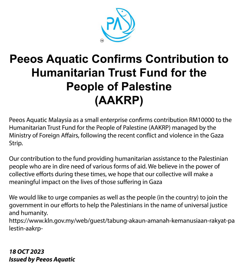 Peeos Aquatic Confirms Contribution to Humanitarian Trust Fund for the People of Palestine (AAKRP) 