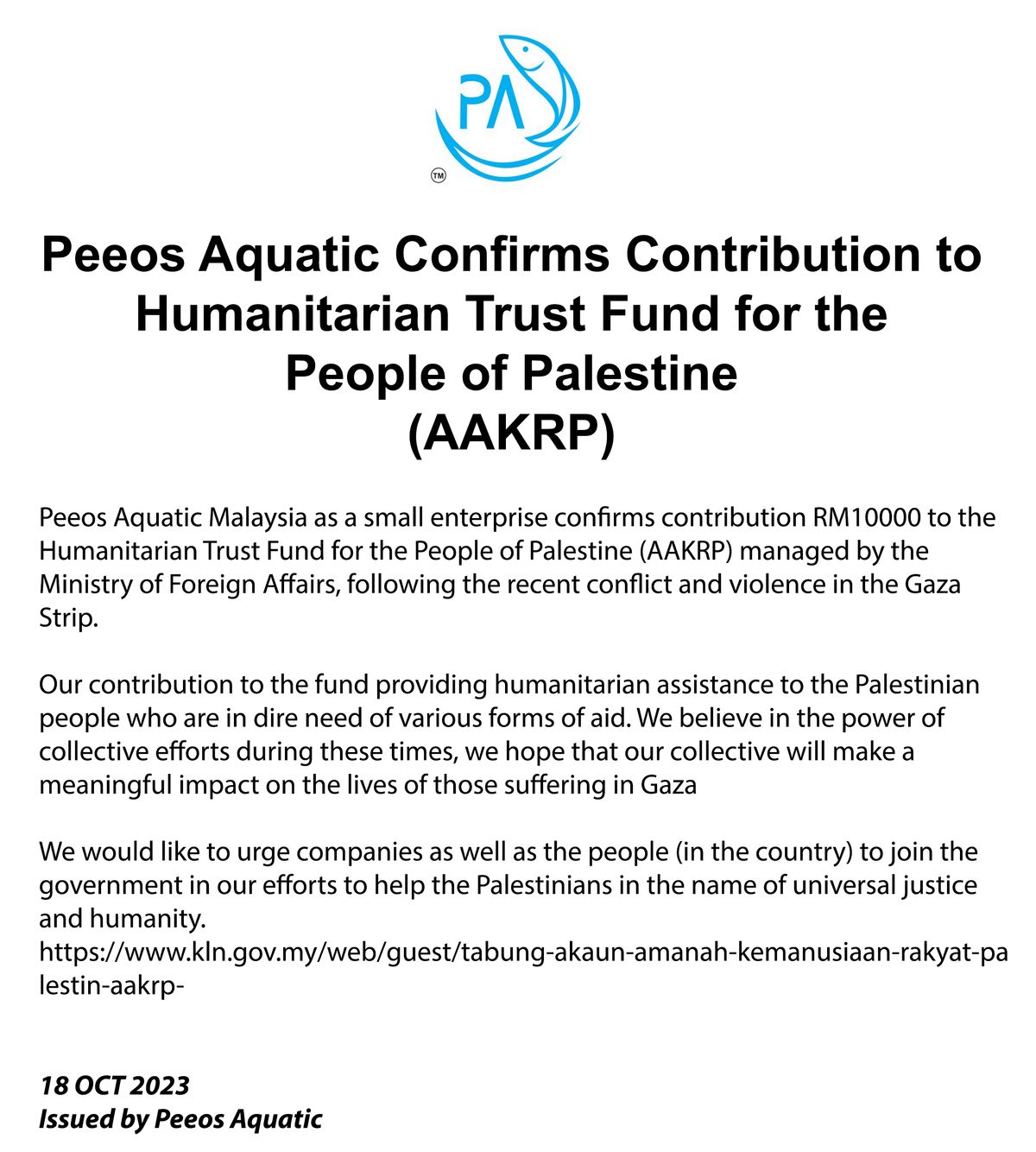 Peeos Aquatic Confirms Contribution to Humanitarian Trust Fund for the People of Palestine (AAKRP) 