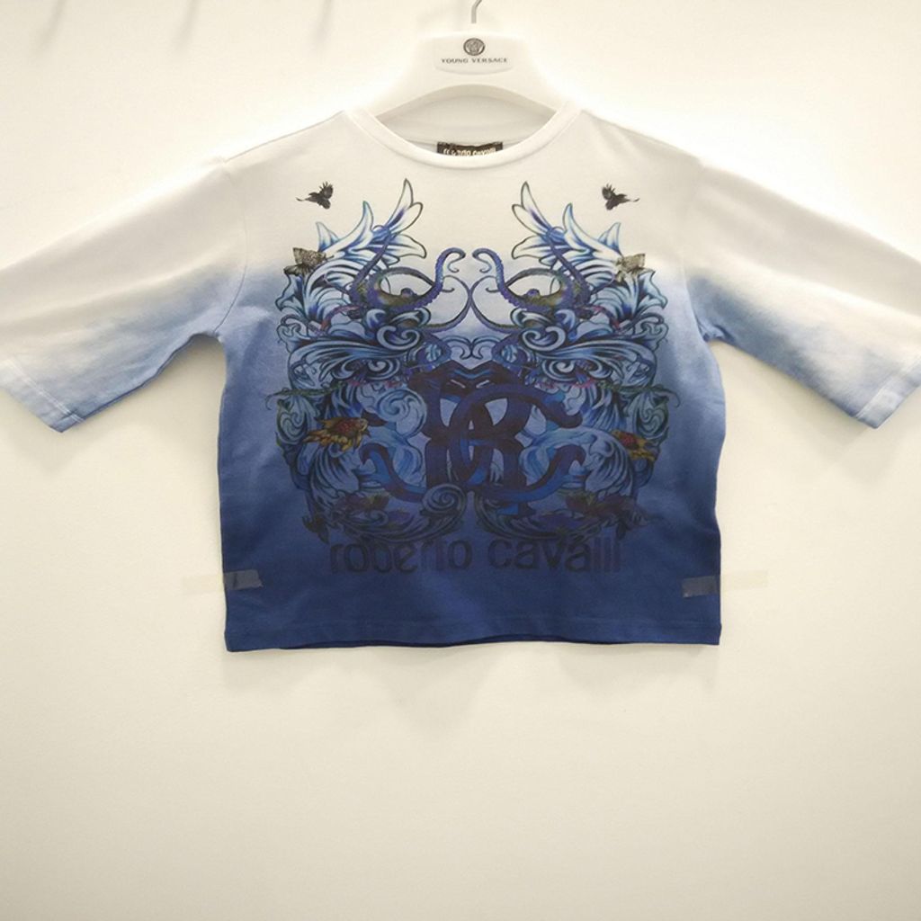 Roberto Cavalli - Boys Tshirt with Blue Gradient Effect _ Floral Print - White 1142.JPG