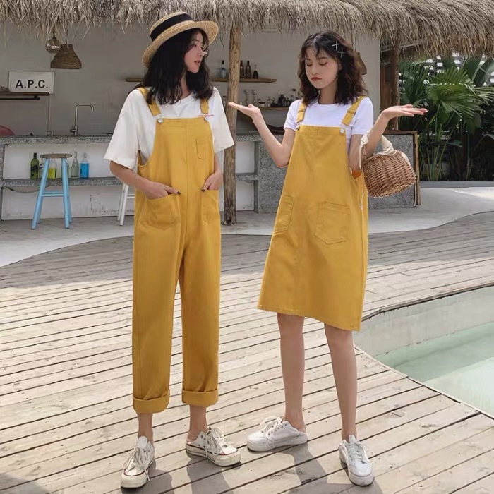 Patchwork Women Suspender Jeans Skirt With Pocket 2020 Summer Streetwear  Yellow Strap Overalls Denim Jumpsuit Skirts Female