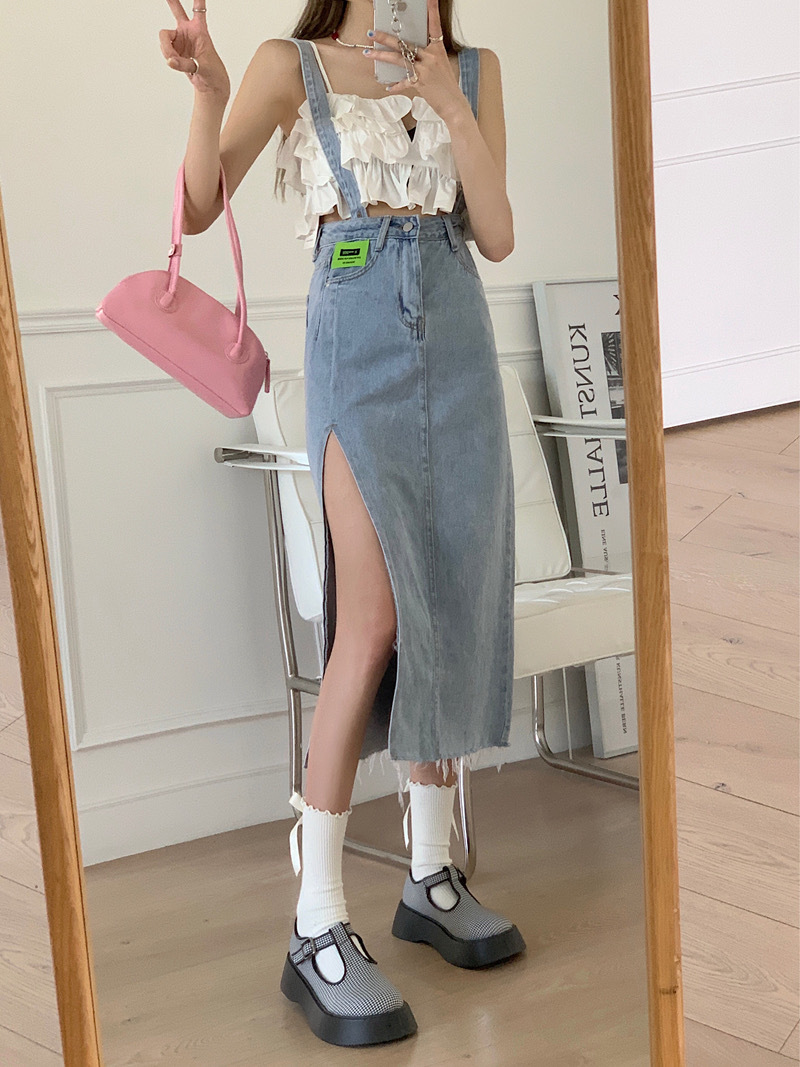 DENIM LONG SKIRT OVERALLS GYOZA.CLOSET