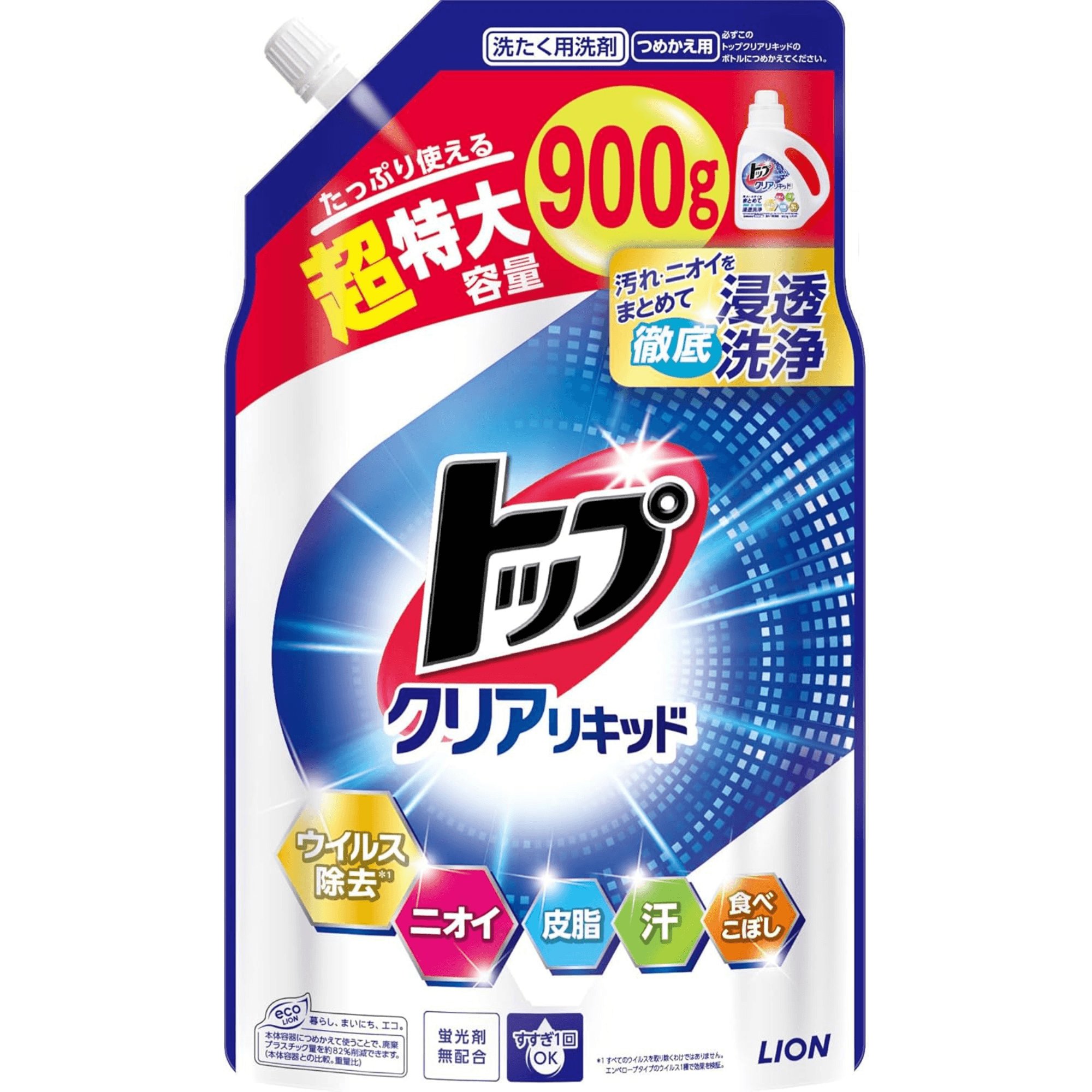 【LION】 日本獅王 トップ酵素濃縮洗衣精900g 補充包 正面