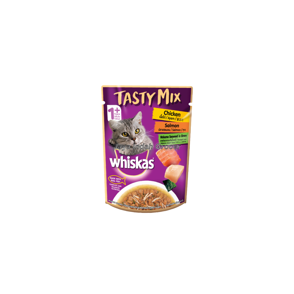 Whiskas Tasty Mix Pouch Adult 1+ Chicken with Salmon & Wakame Seaweed in Gravy Cat Food 70g.png