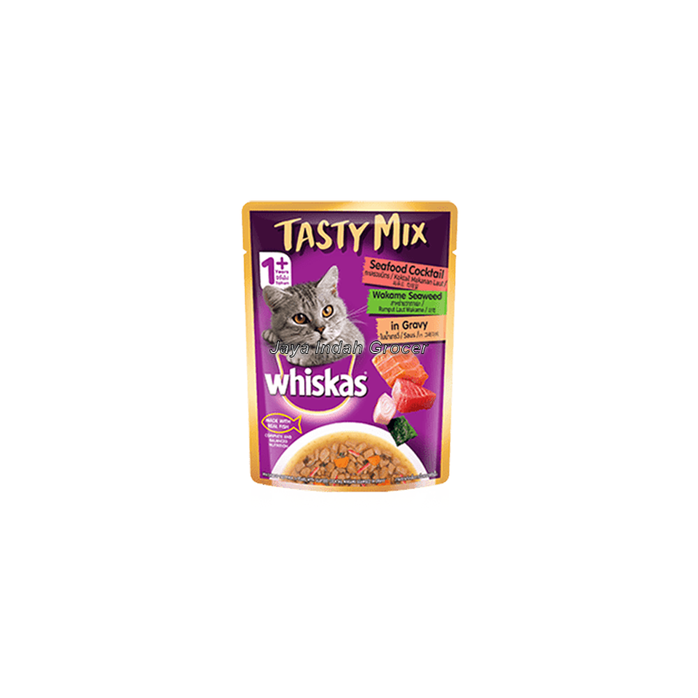 Whiskas Tasty Mix Pouch Adult 1+ Seafood Cocktail with Wakame Seaweed in Gravy Cat Food 70g.png