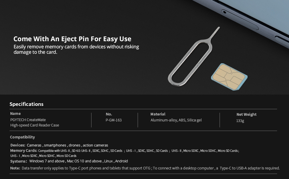 Come with an eject pin for easy use