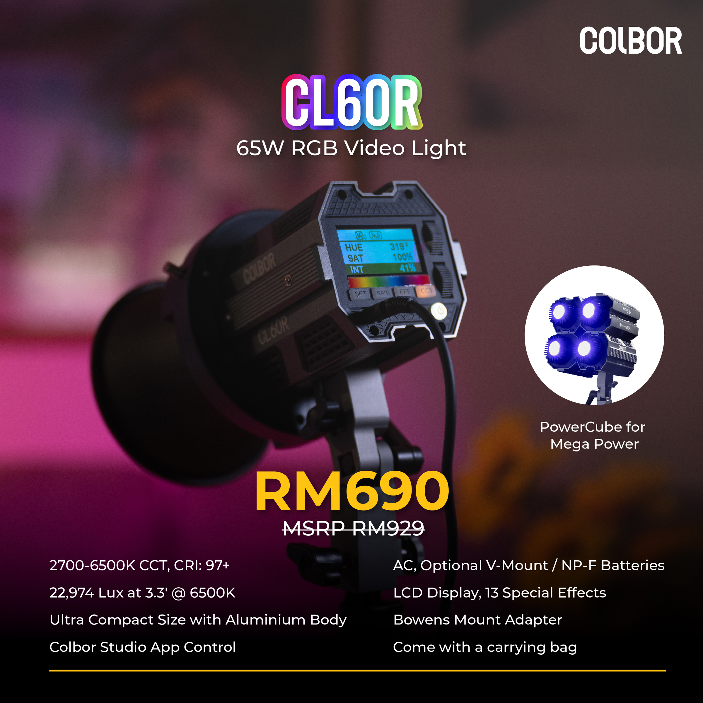 COLBOR CL60R / CL60M / CL60RGB 60W COB LED Monolight Music Sync