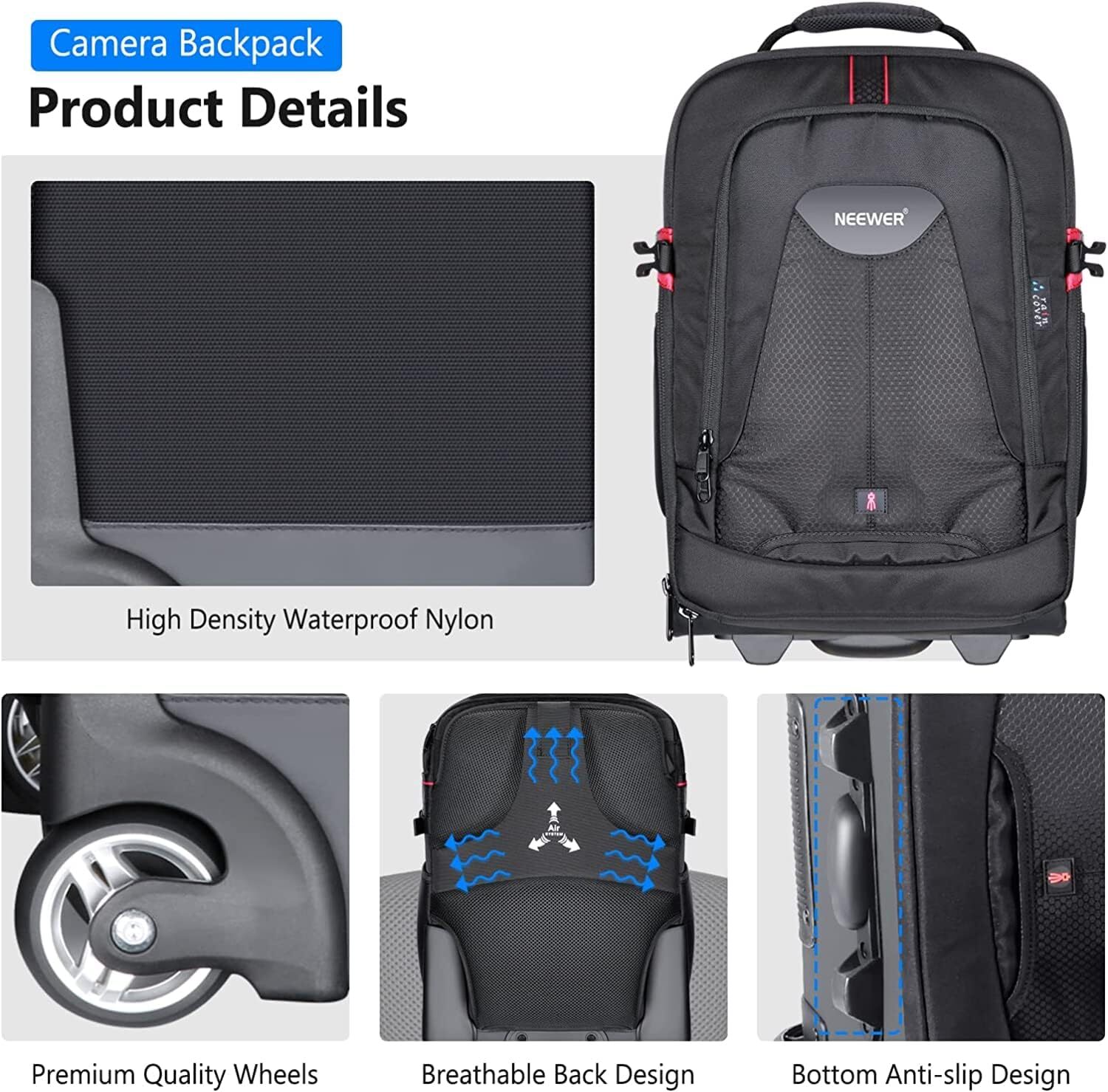 Neewer Backpack Camera Trolley Bag with Shoulder Strap NWDA410T 