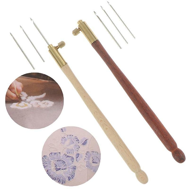 Embroidery Crochet Hook Wooden Handle French Tambour Crochet Sewing Needle with 3 Needles DIY Craft Ready Stock