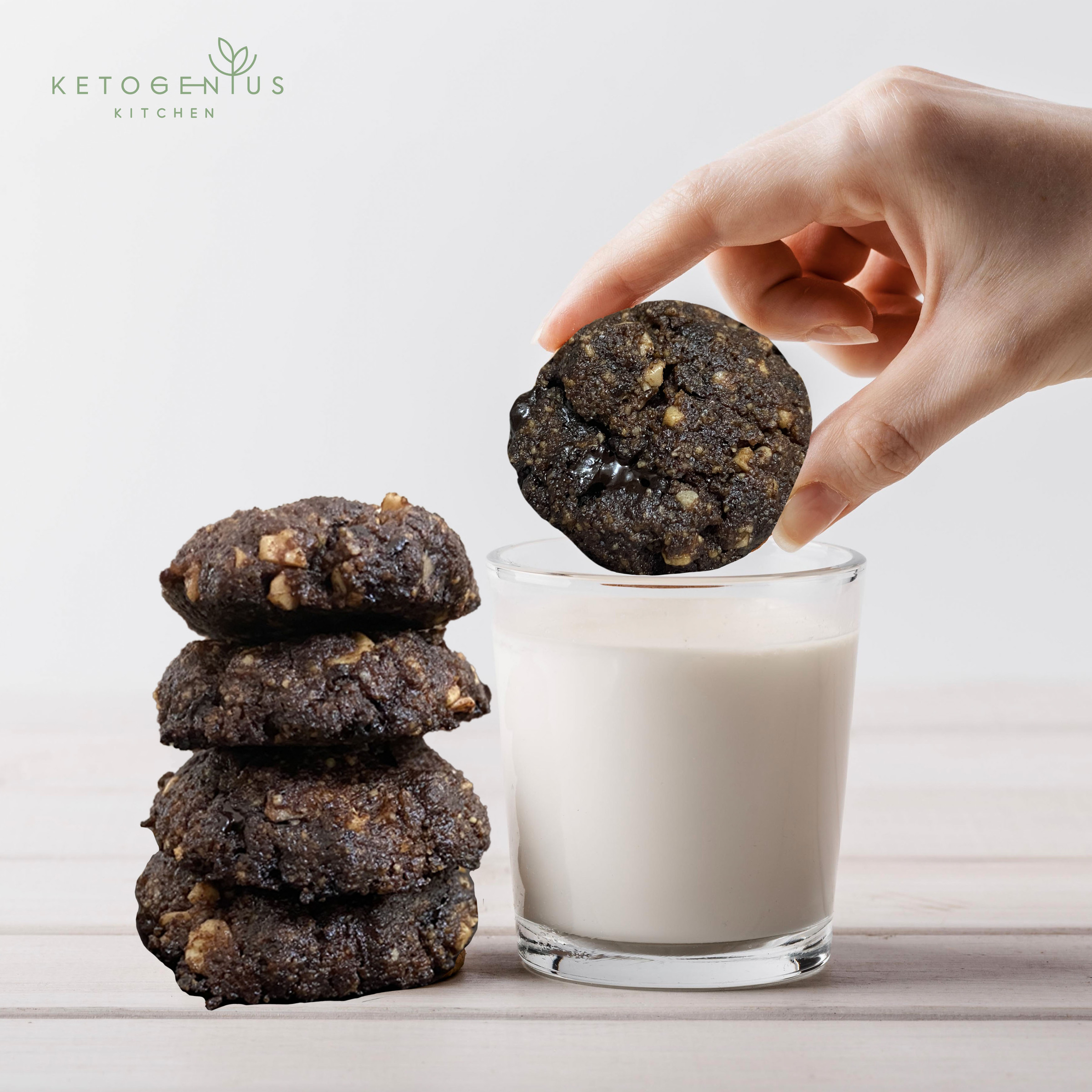 Keto double chocolate cookies served with milk