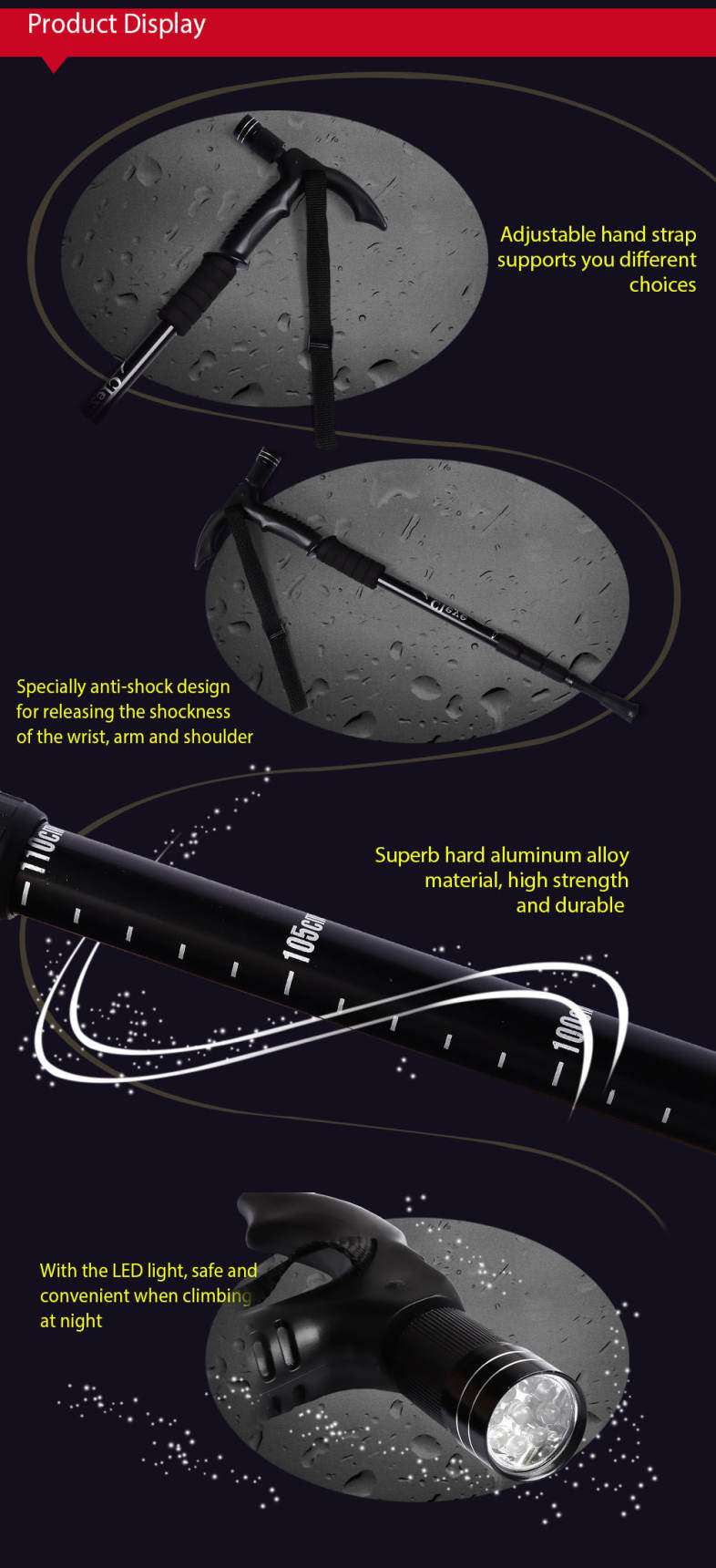 CLEYE 4 Joints Trekking Folding Alpenstocks with Light Climbing Pole Crutch Walking Stick CLEYE 4 Joints Trekking Folding Alpenstocks with Light Climbing Pole Crutch Walking Stick