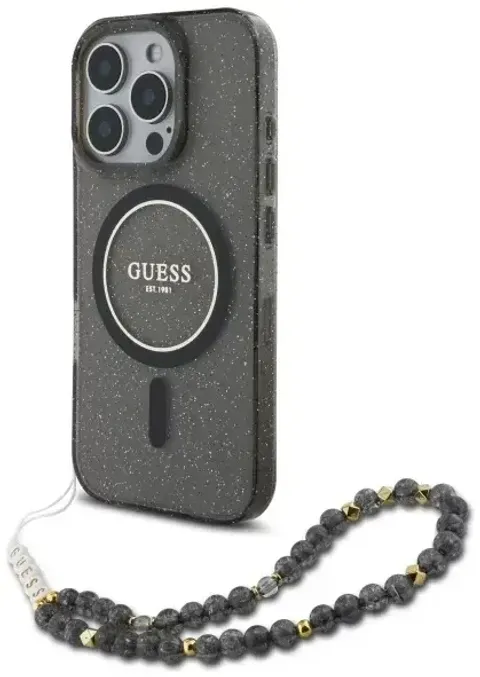GUESS IML Glitter Transparent Back Case with Pearl Strap for iPhone 16 Pro I 16 Pro Max
